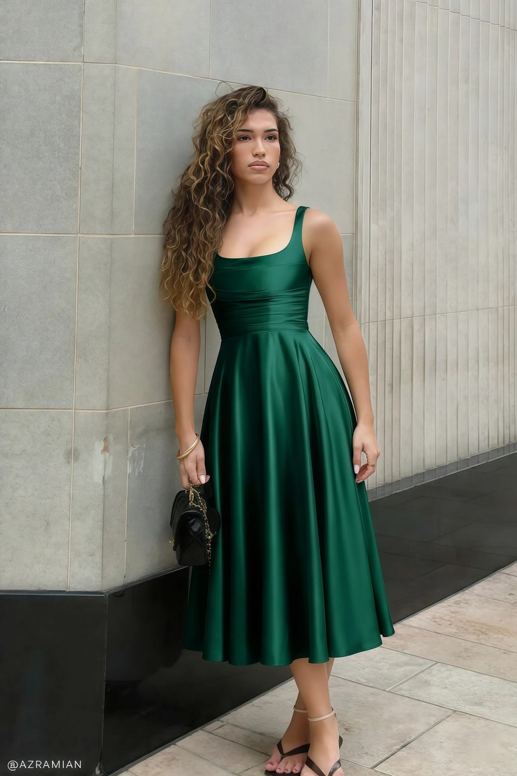 Abby Hunter Green Satin Square Neck Ruched Midi Dress