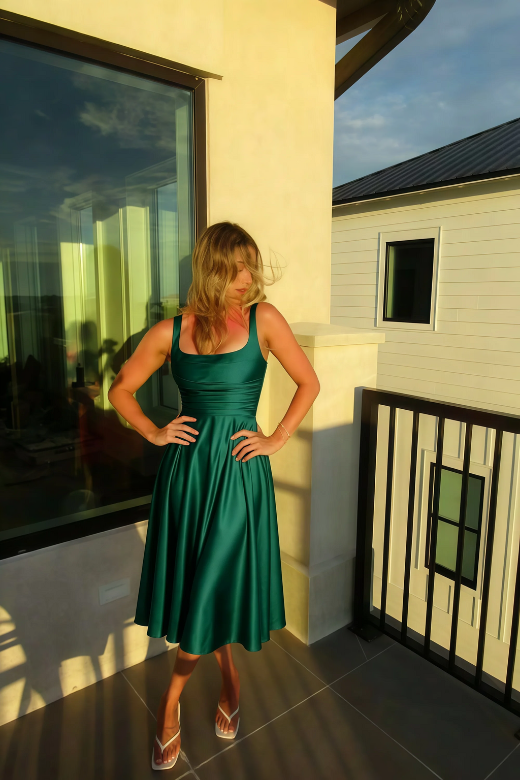 Abby Hunter Green Satin Square Neck Ruched Midi Dress