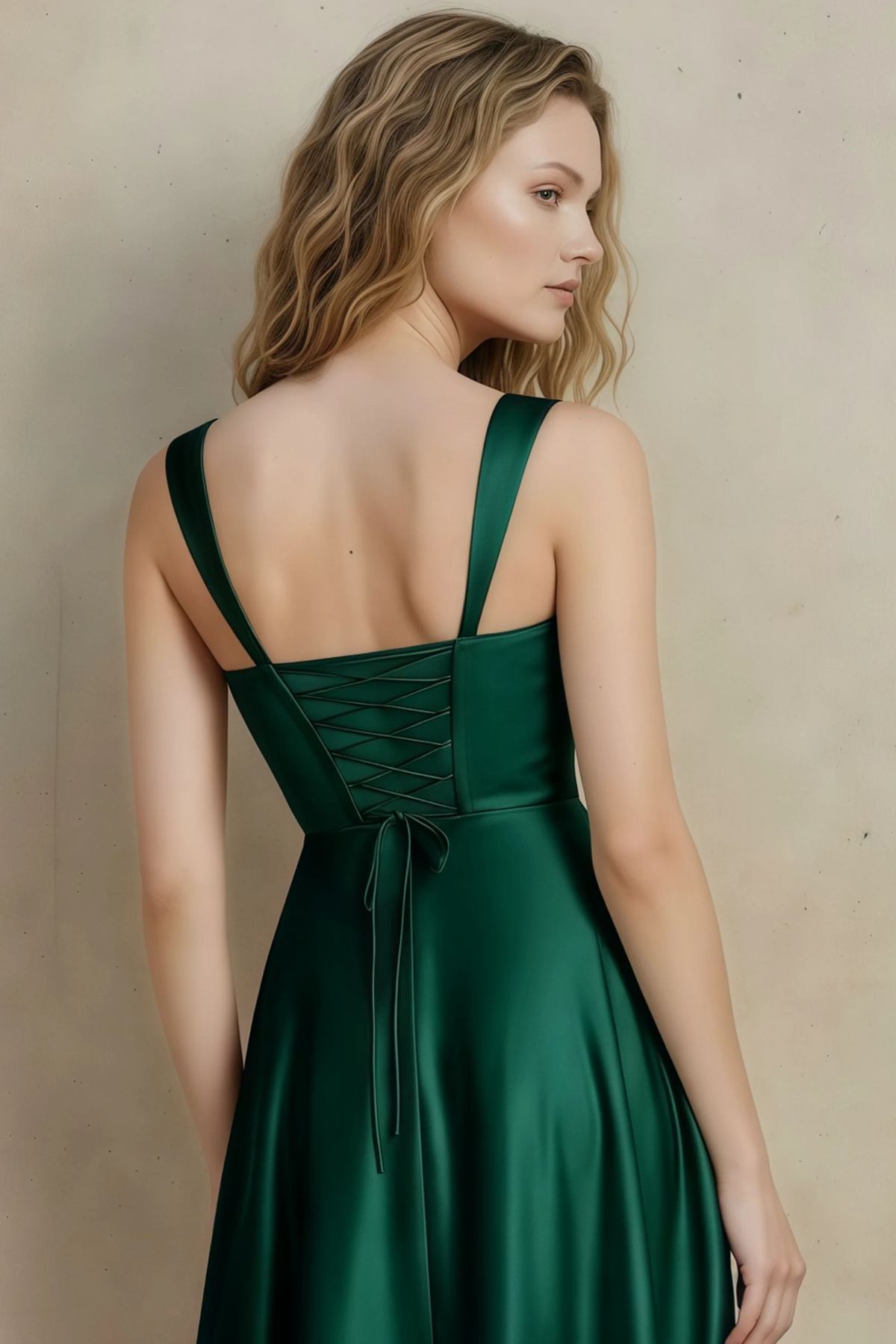 Abby Hunter Green Satin Square Neck Ruched Midi Dress