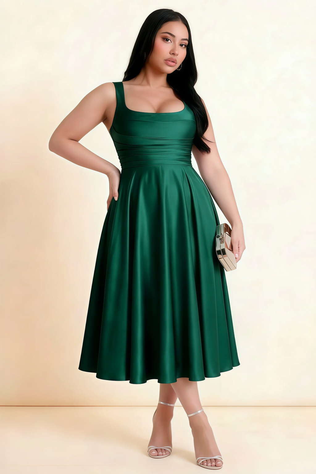 Abby Hunter Green Satin Square Neck Ruched Midi Dress