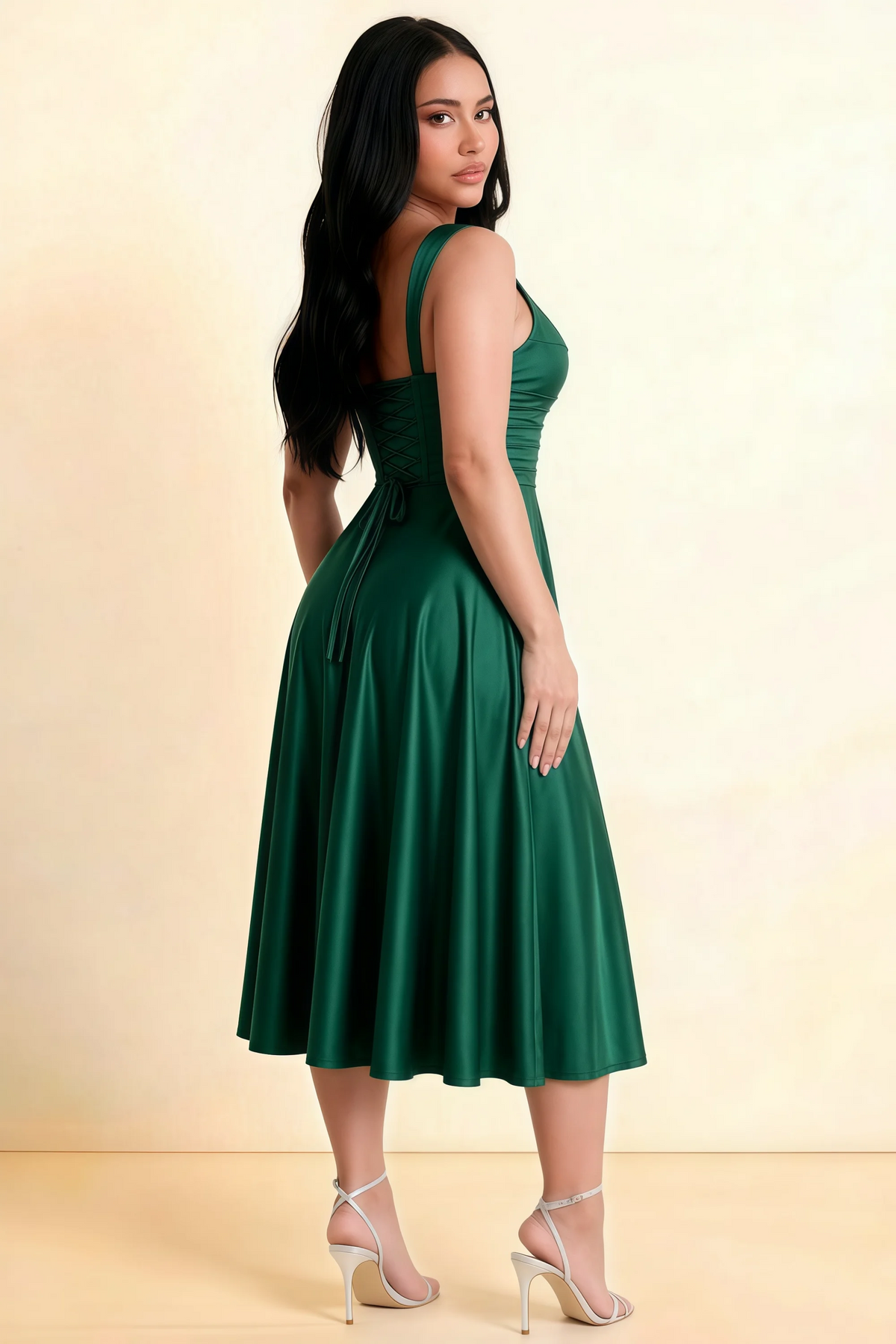 Abby Hunter Green Satin Square Neck Ruched Midi Dress