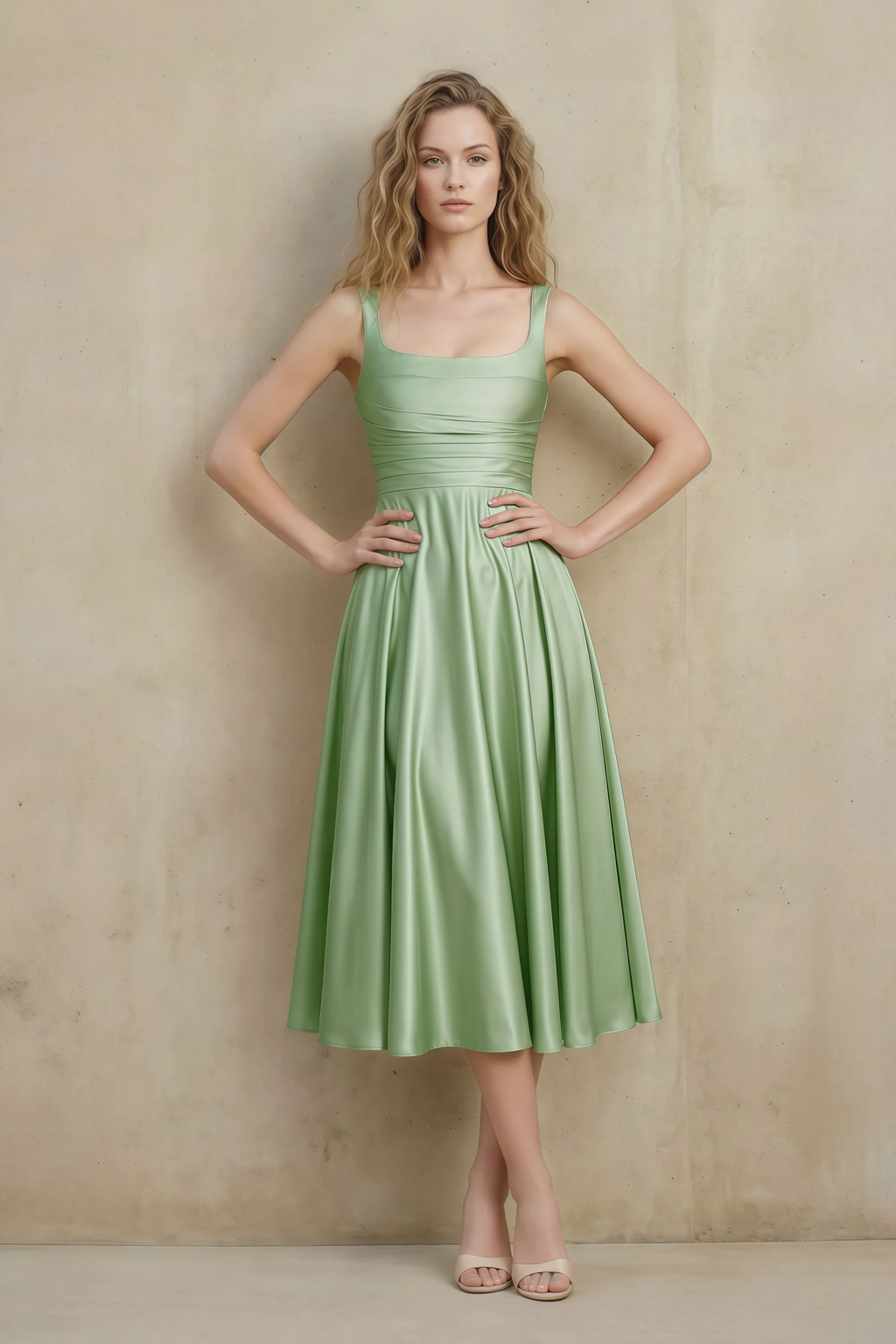 Abby Light Green Satin Square Neck Ruched Midi Dress