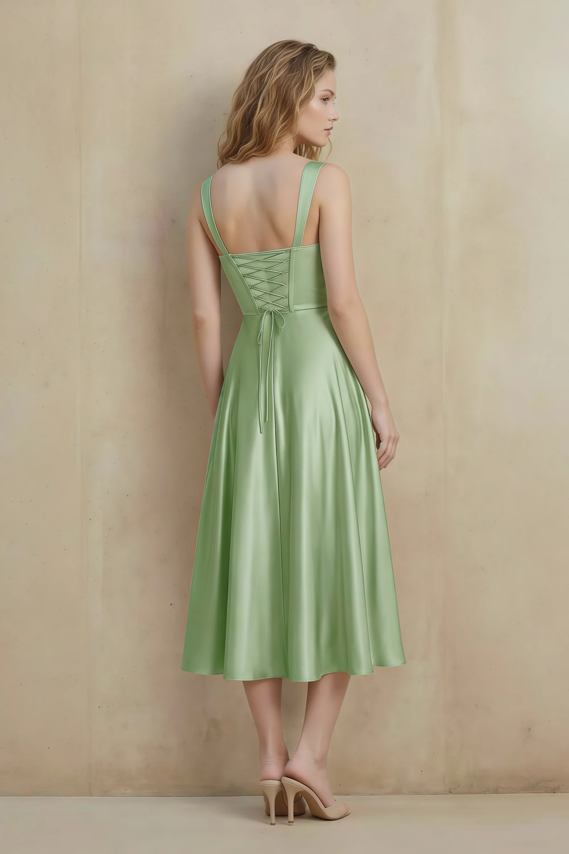 Abby Light Green Satin Square Neck Ruched Midi Dress