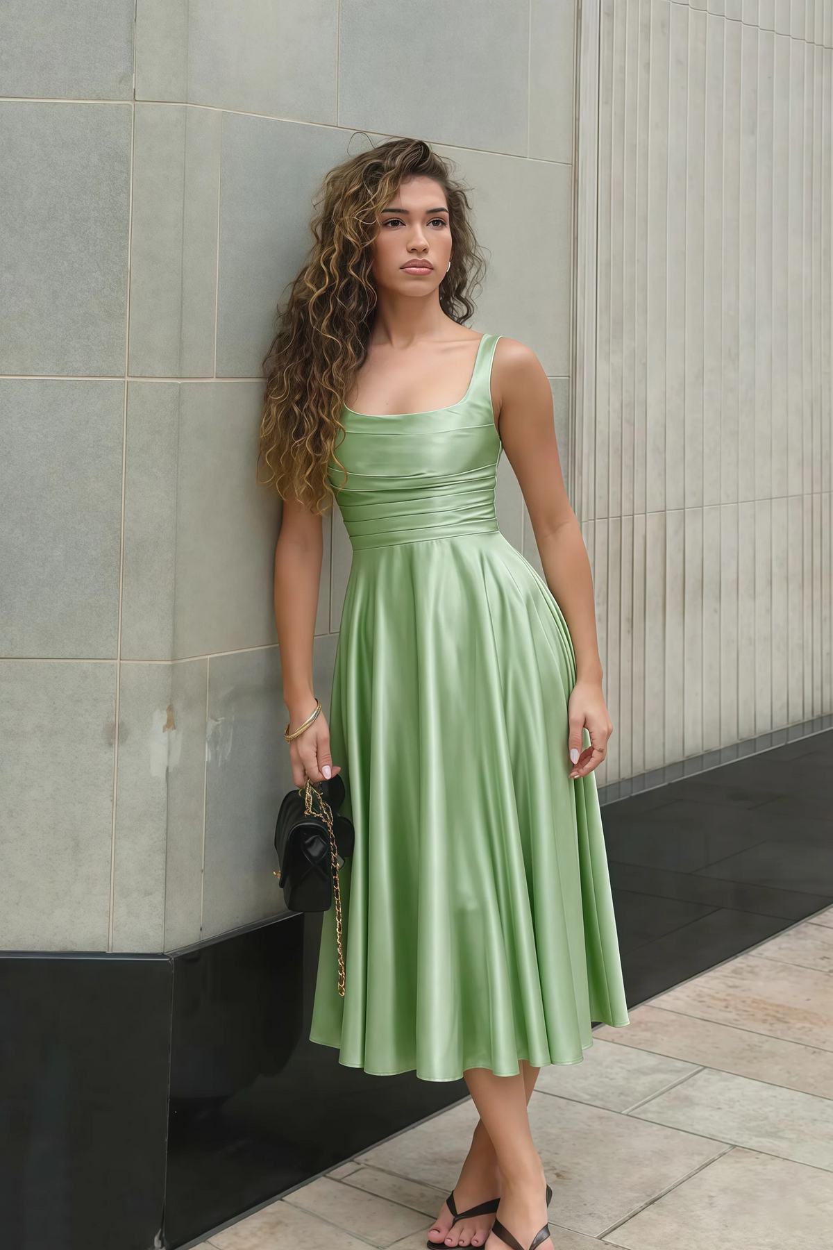 Abby Light Green Satin Square Neck Ruched Midi Dress