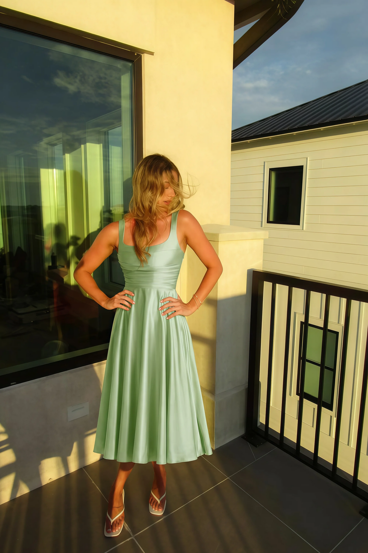 Abby Light Green Satin Square Neck Ruched Midi Dress