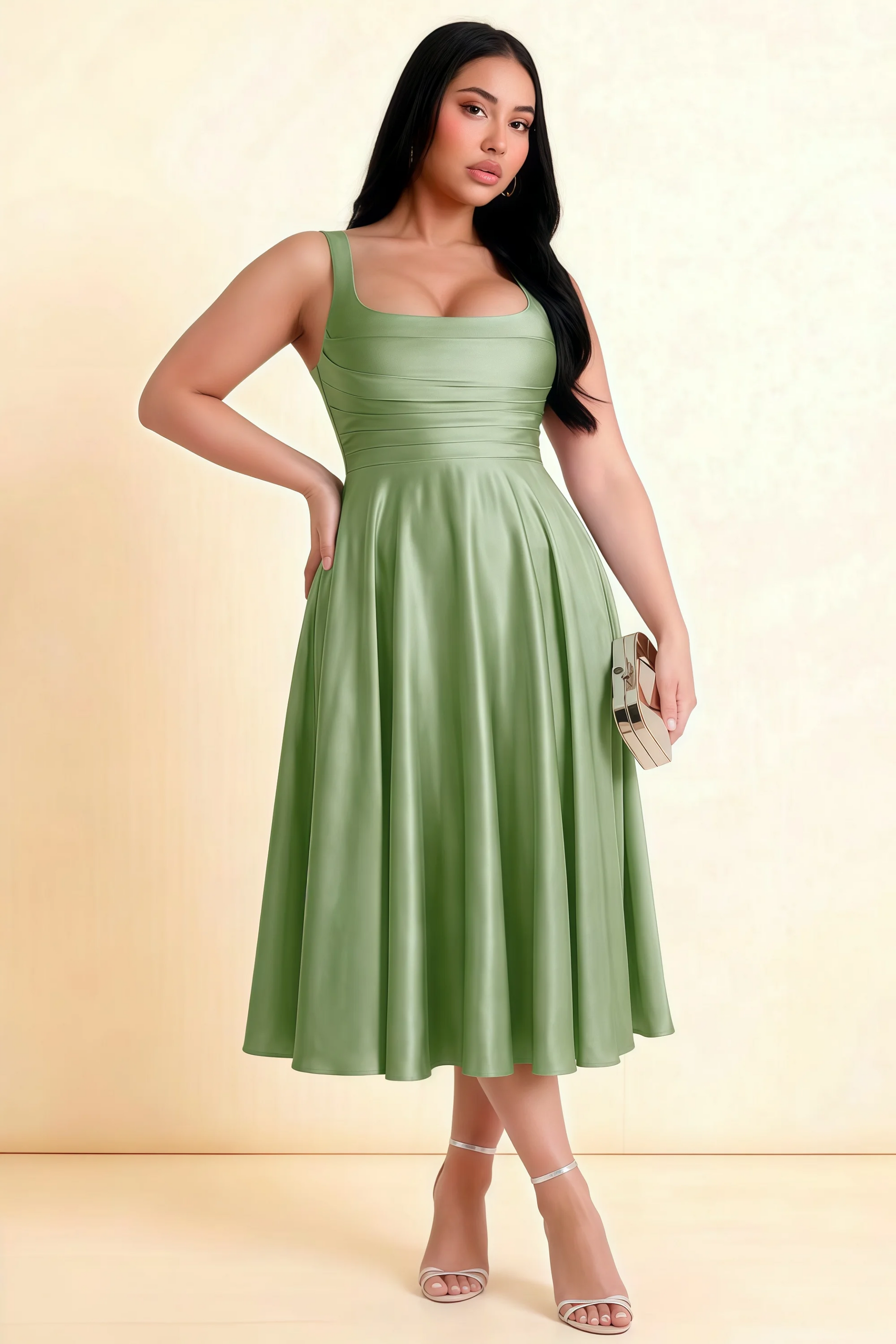 Abby Light Green Satin Square Neck Ruched Midi Dress