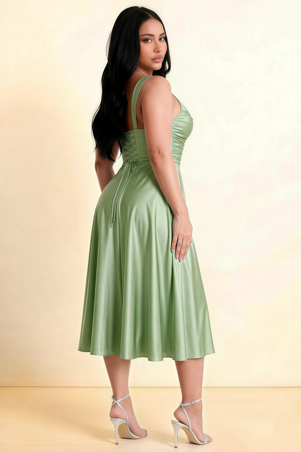 Abby Light Green Satin Square Neck Ruched Midi Dress