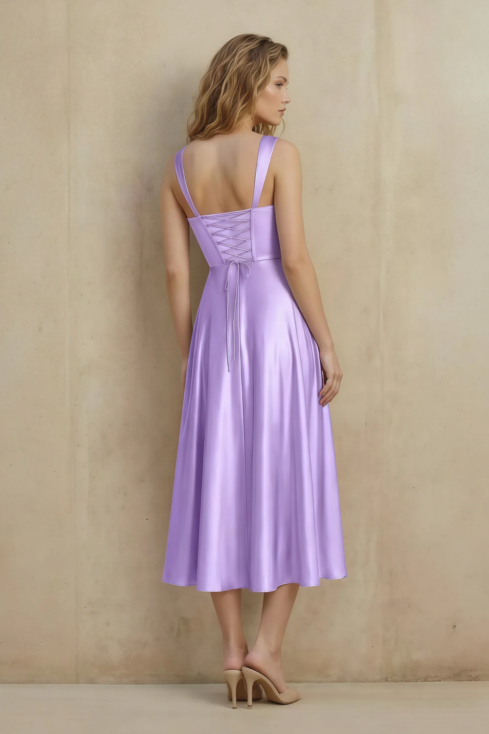 Translation missing: en.Back view of the LVLVS Abby lilac midi dress, showing the lace-up bodice, shoulder straps and flowing calf-length skirt. content.product_image_secondary