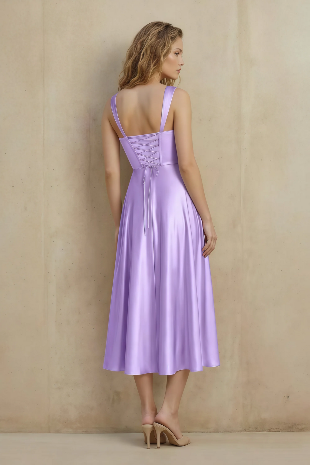 Abby Lilac Satin Square Neck Ruched Midi Dress