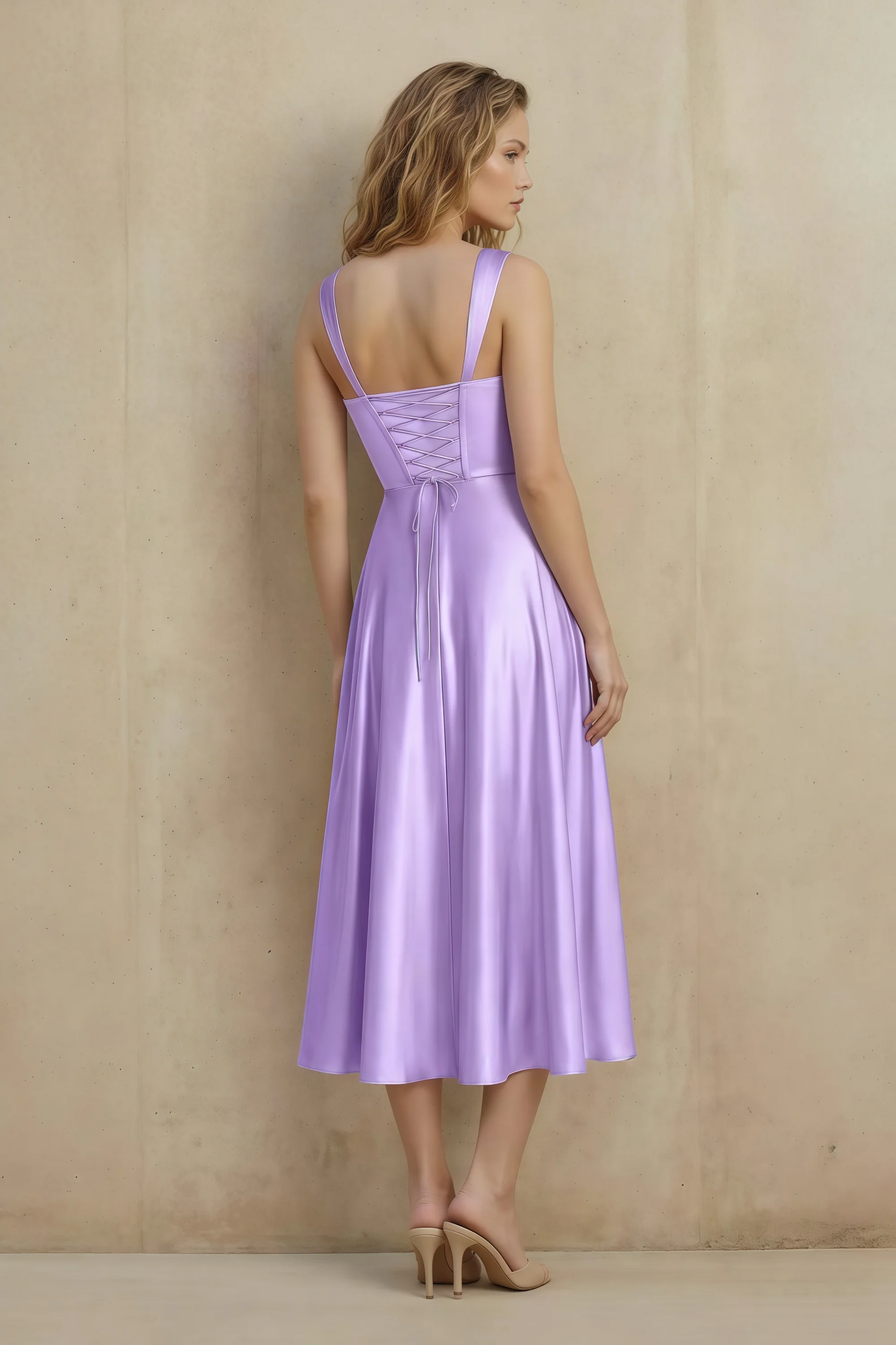 Abby Lilac Satin Square Neck Ruched Midi Dress