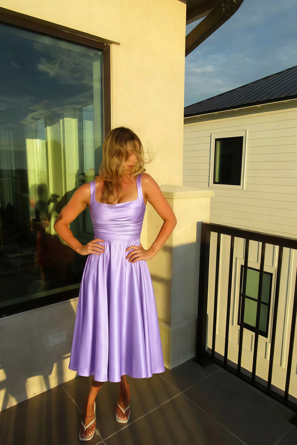 Abby Lilac Satin Square Neck Ruched Midi Dress