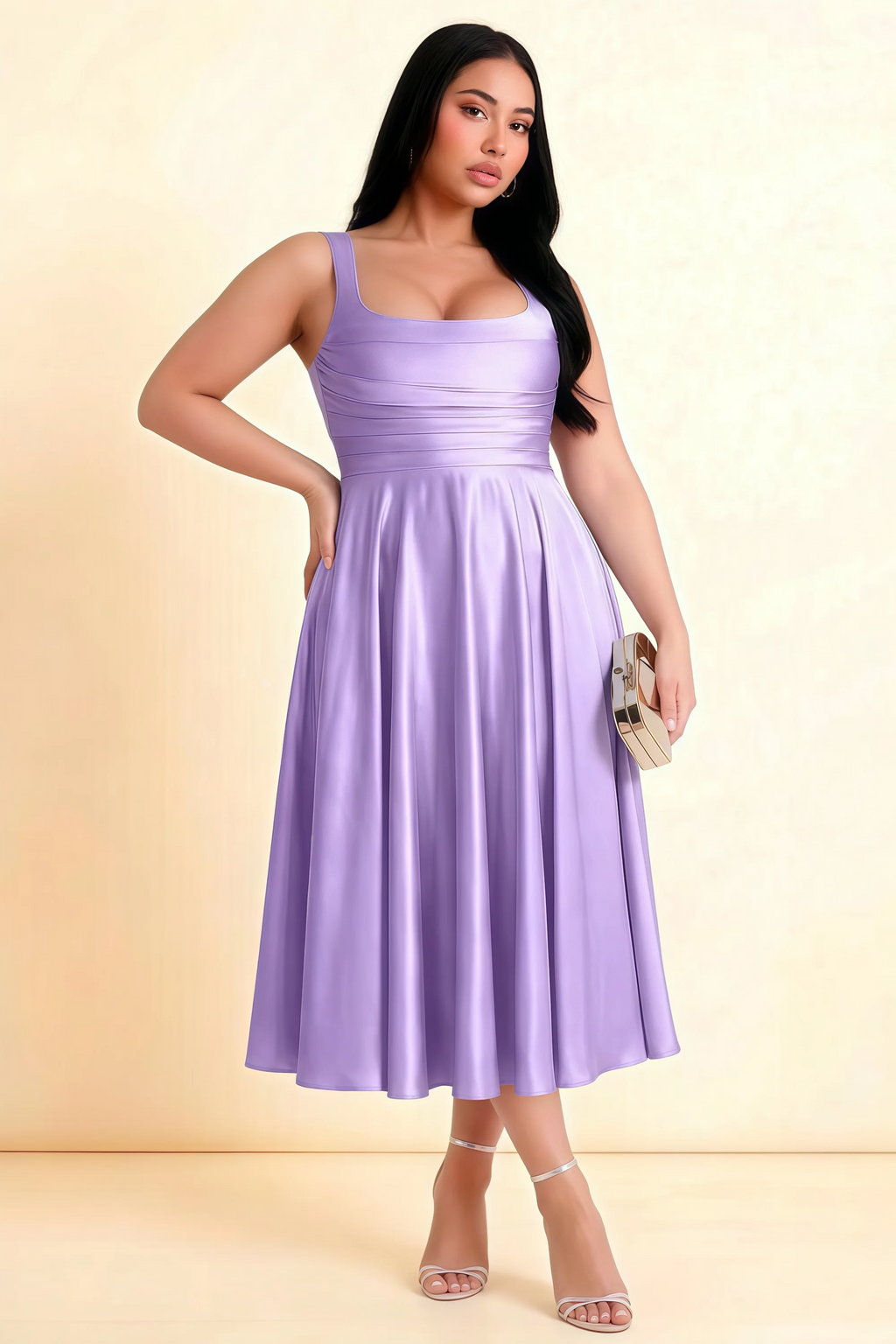 Abby Lilac Satin Square Neck Ruched Midi Dress