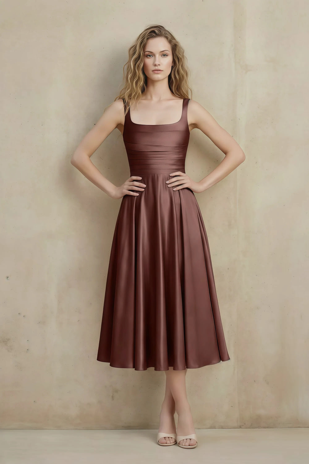 Translation missing: en.Front view of the LVLVS Abby mocha midi dress, showing the square neckline, wide straps, ruched waist and flared skirt. content.product_image_main