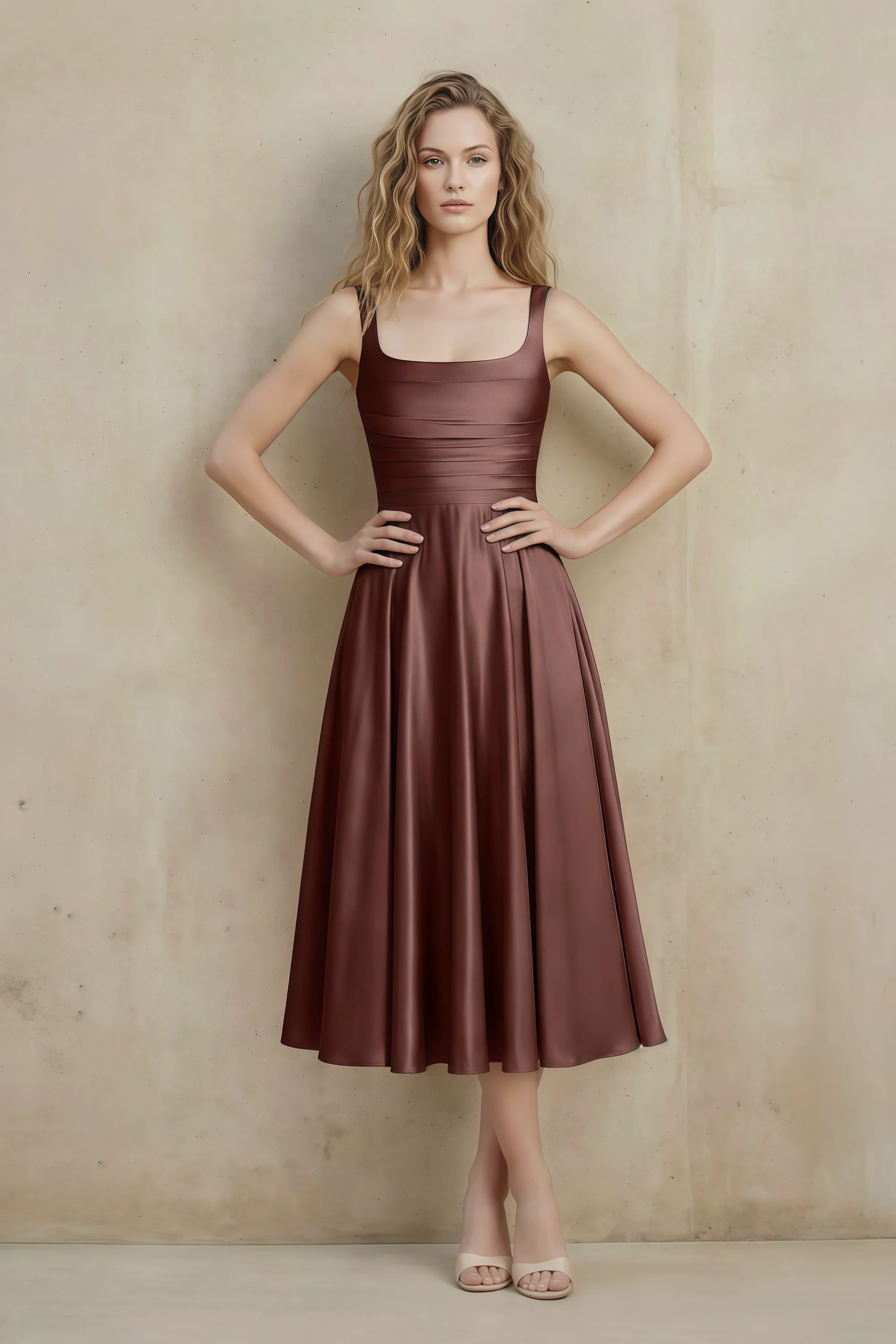 Abby Mocha Satin Square Neck Ruched Midi Dress