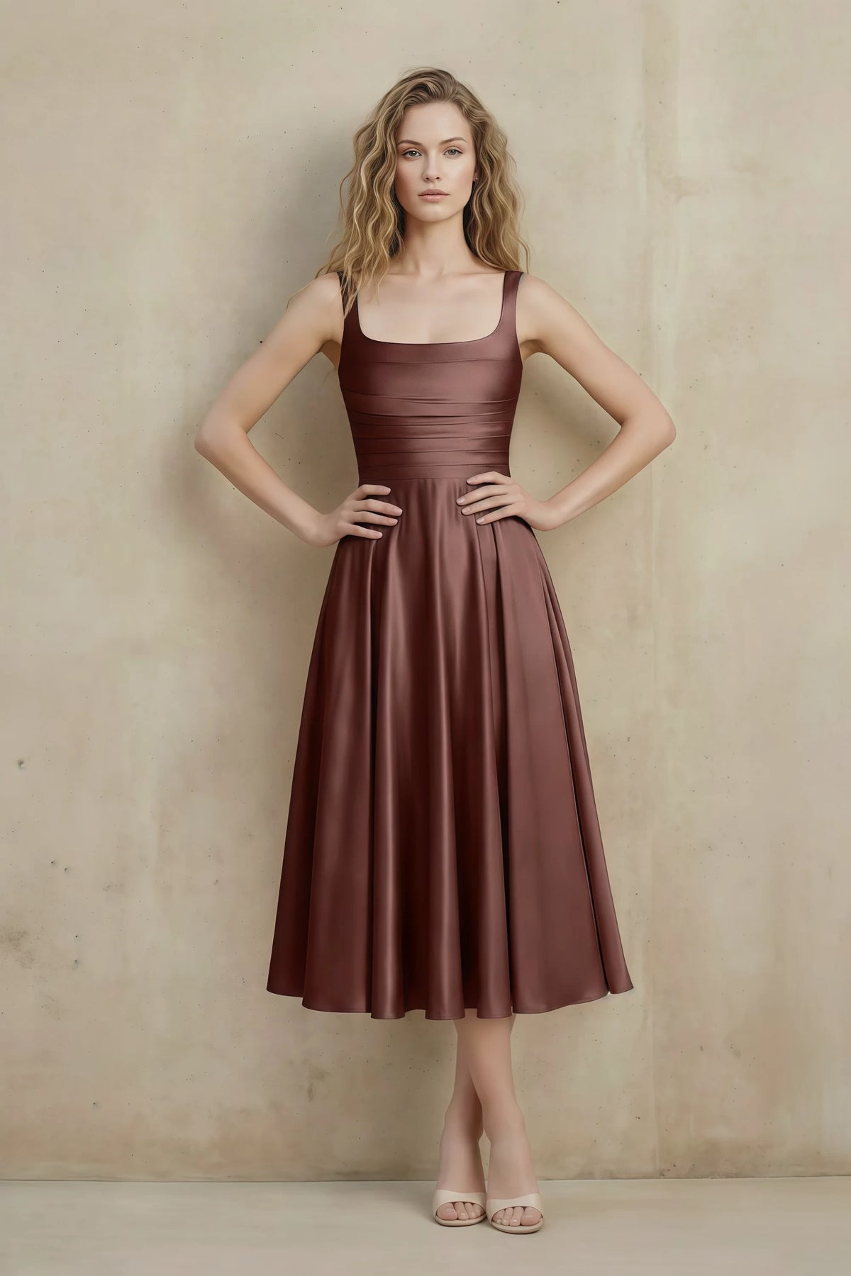 Front view of the LVLVS Abby mocha midi dress, showing the square neckline, wide straps, ruched waist and flared skirt. Main image
