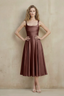 Abby Mocha Satin Square Neck Ruched Midi Dress