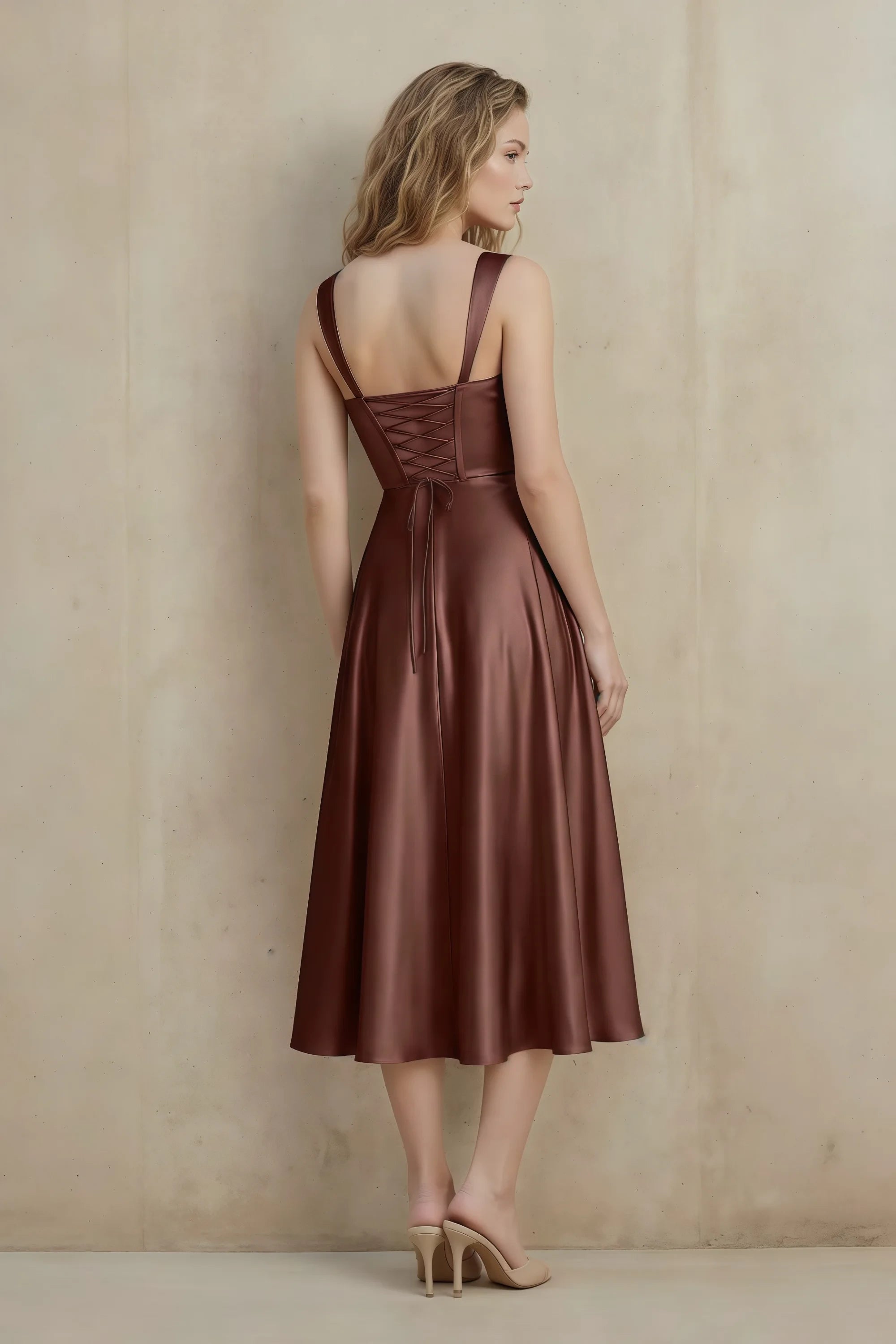 Abby Mocha Satin Square Neck Ruched Midi Dress Secondary image