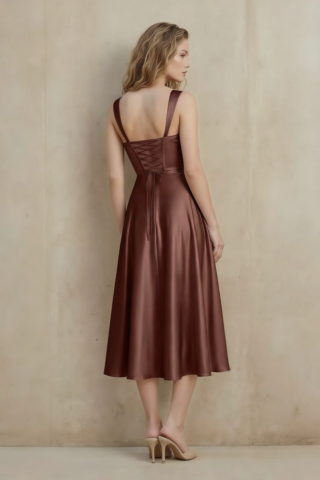 Abby Mocha Satin Square Neck Ruched Midi Dress
