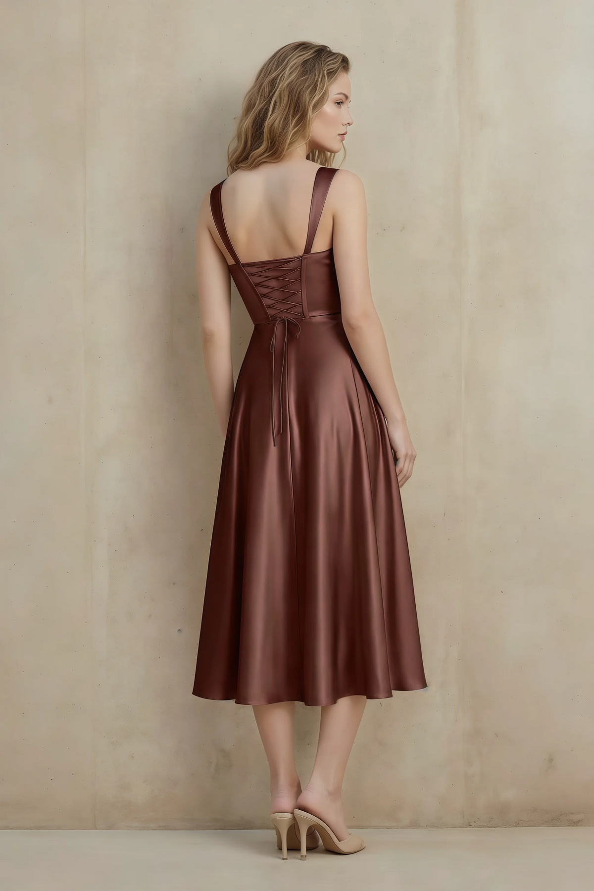 Abby Mocha Satin Square Neck Ruched Midi Dress