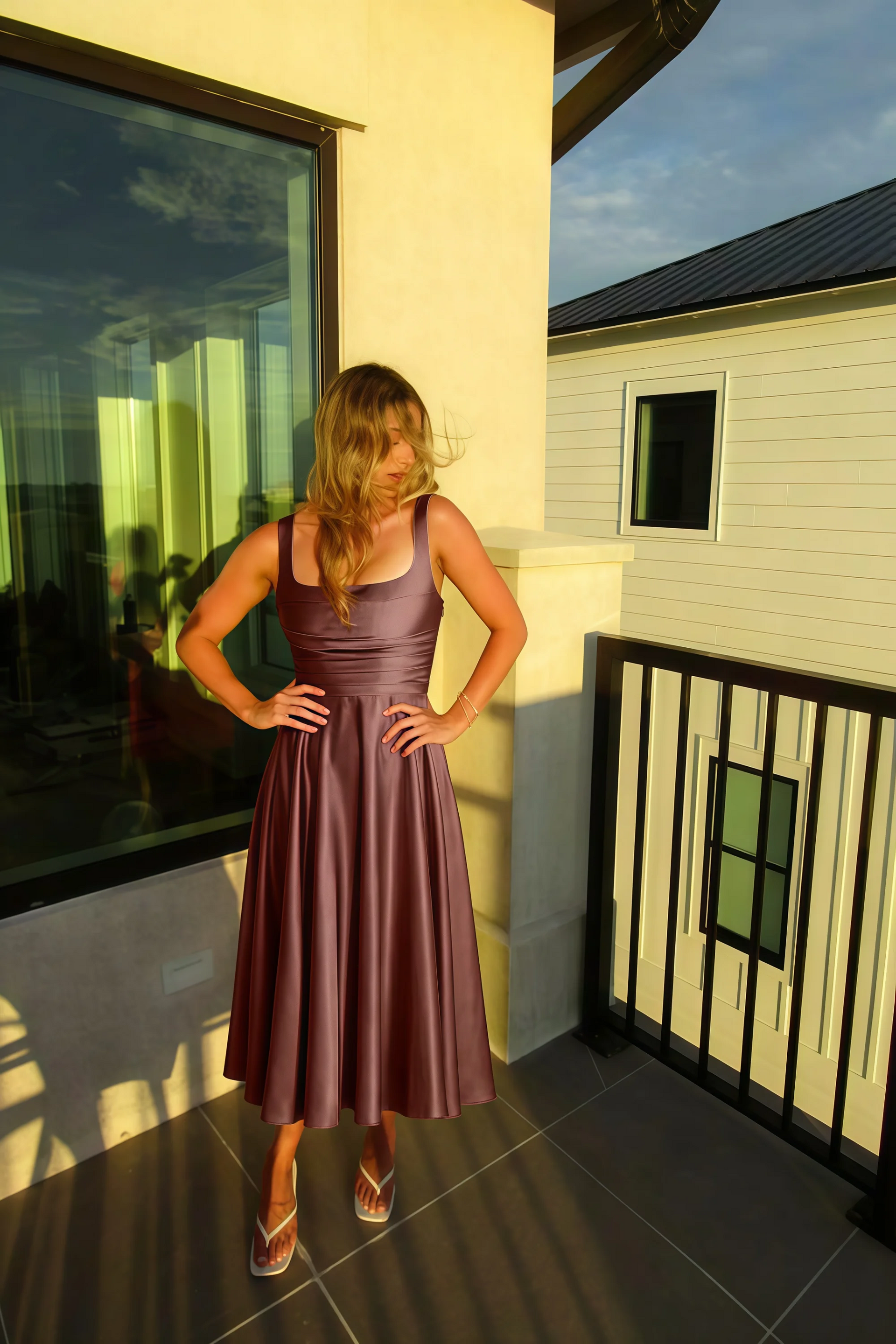 Abby Mocha Satin Square Neck Ruched Midi Dress