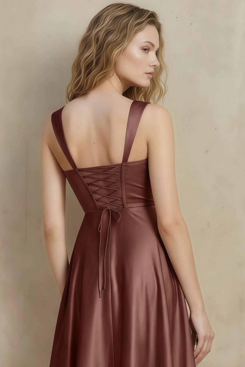 Abby Mocha Satin Square Neck Ruched Midi Dress