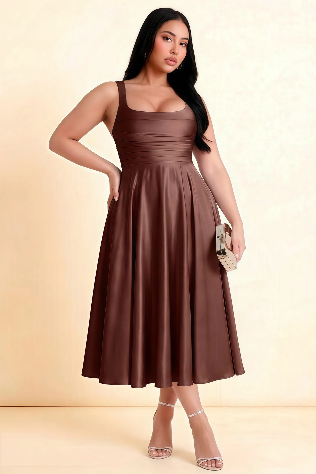 Abby Mocha Satin Square Neck Ruched Midi Dress