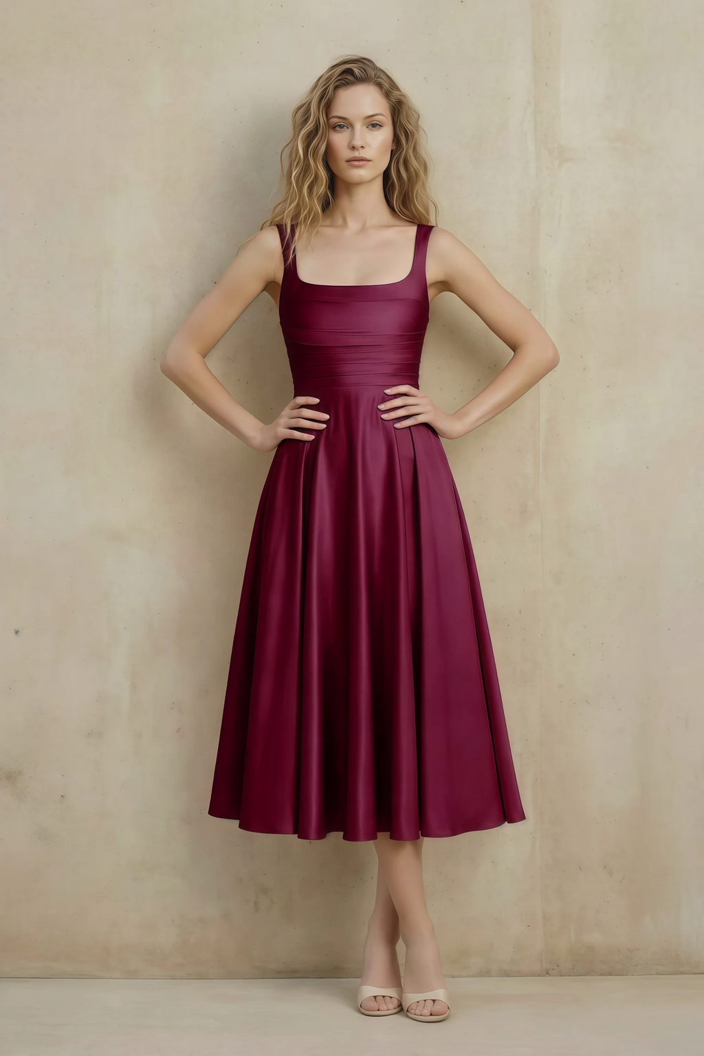 Abby Mulberry Satin Square Neck Ruched Midi Dress