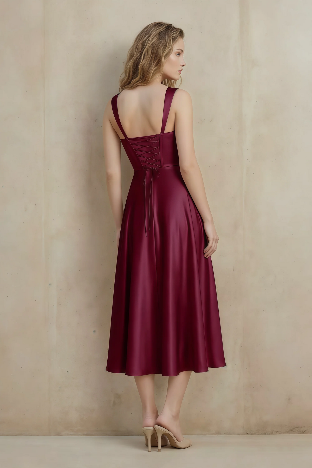 Abby Mulberry Satin Square Neck Ruched Midi Dress