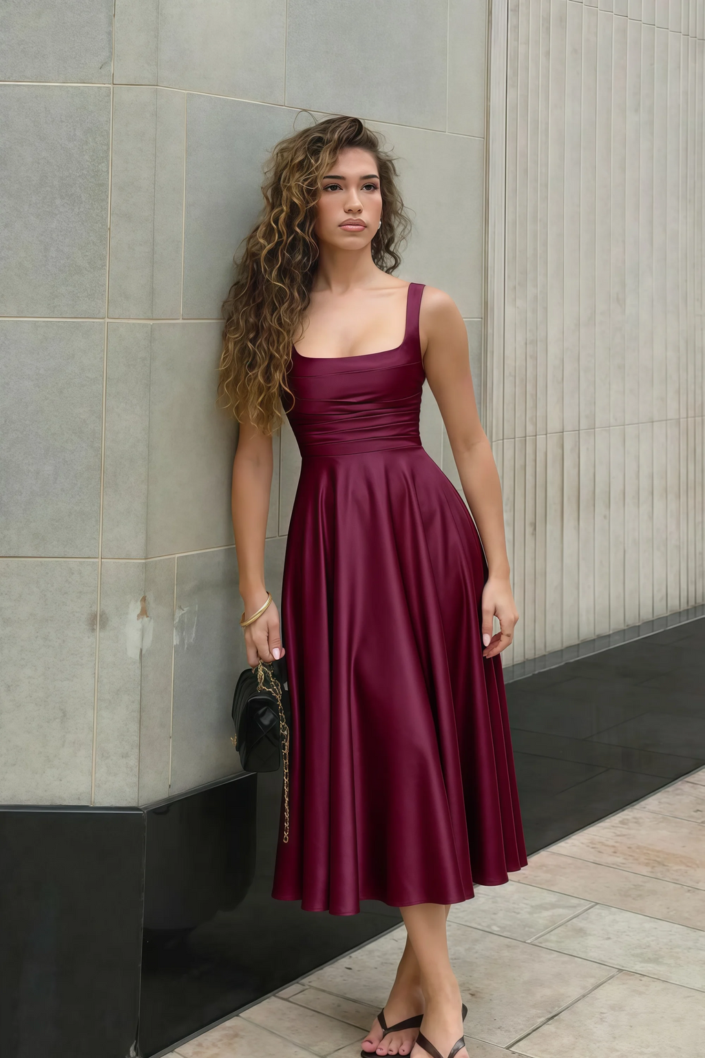 Abby Mulberry Satin Square Neck Ruched Midi Dress