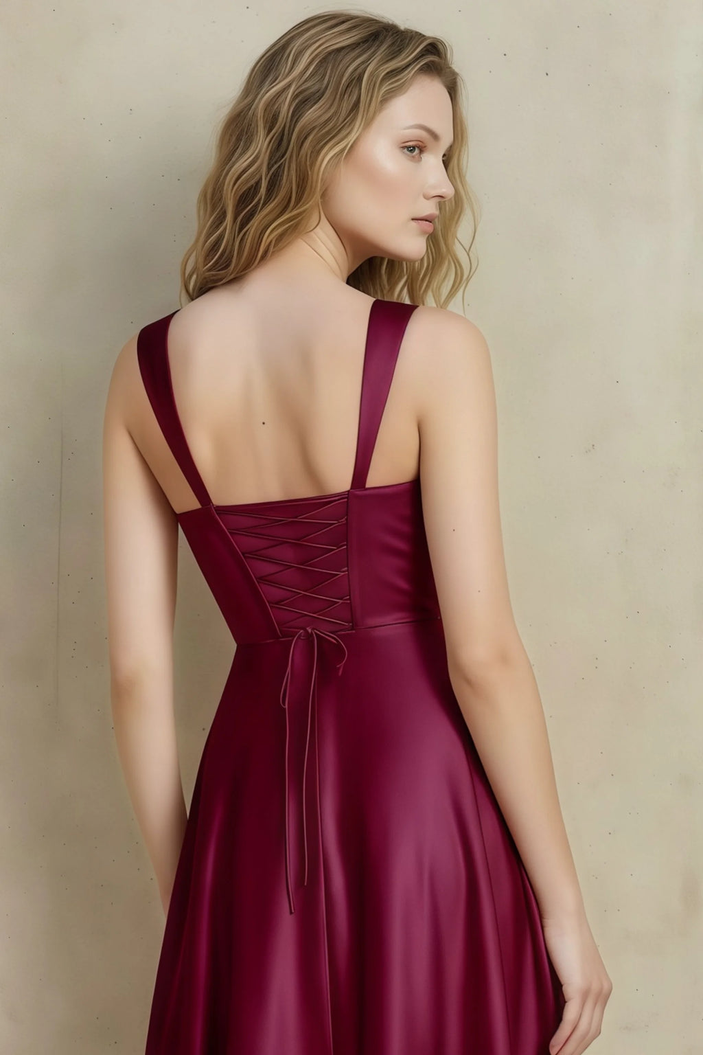 Abby Mulberry Satin Square Neck Ruched Midi Dress