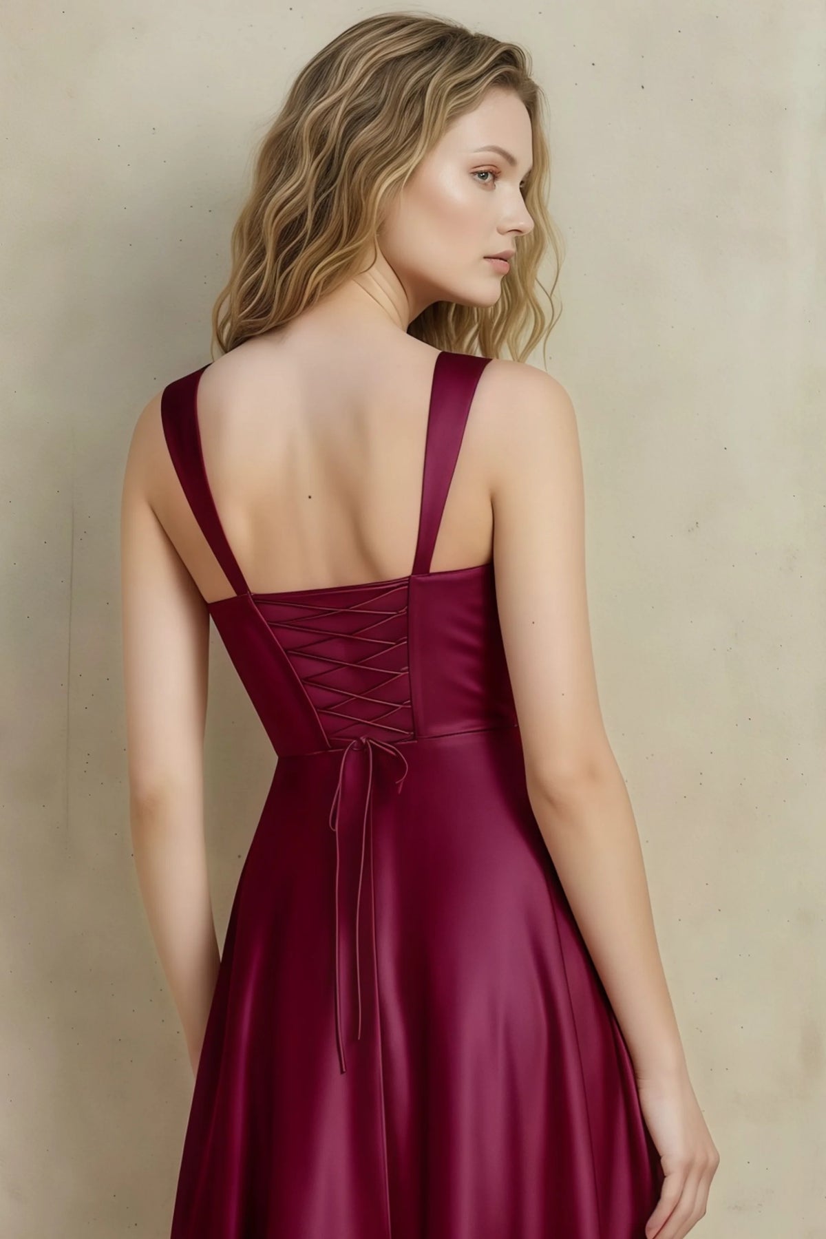 Abby Mulberry Satin Square Neck Ruched Midi Dress