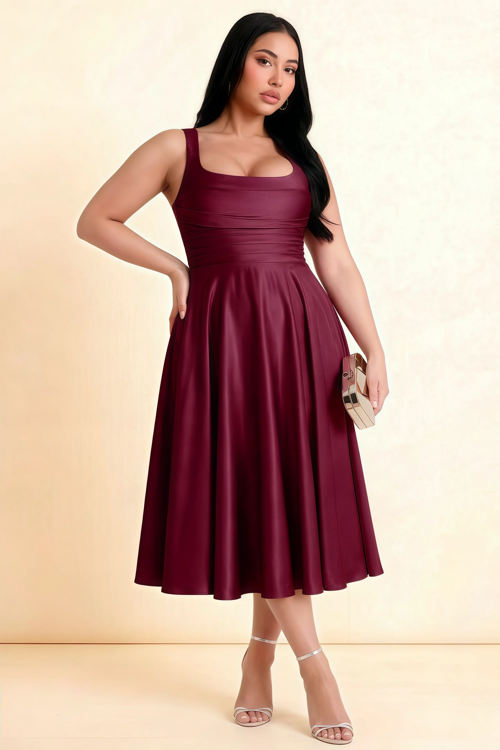 Abby Mulberry Satin Square Neck Ruched Midi Dress