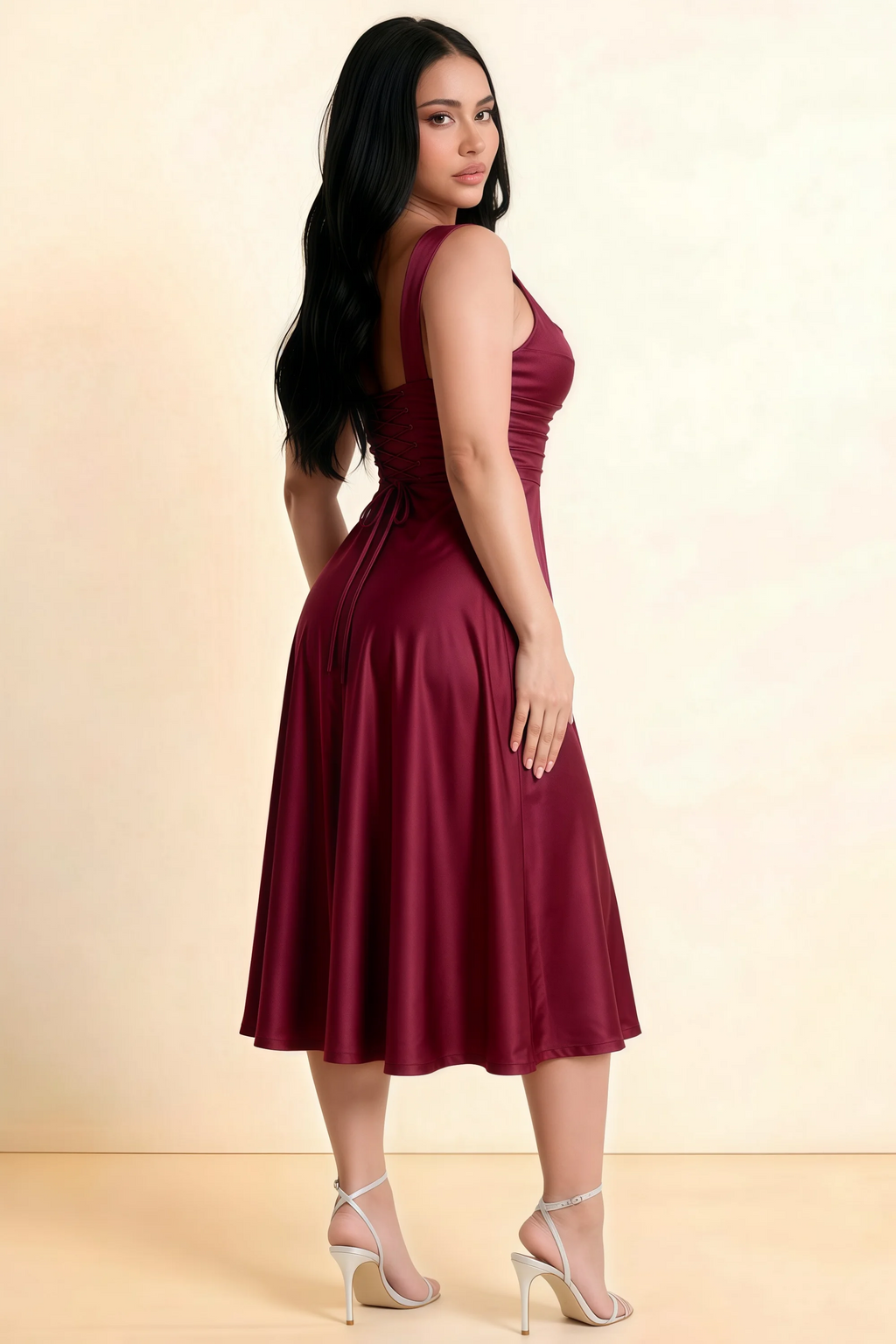 Abby Mulberry Satin Square Neck Ruched Midi Dress