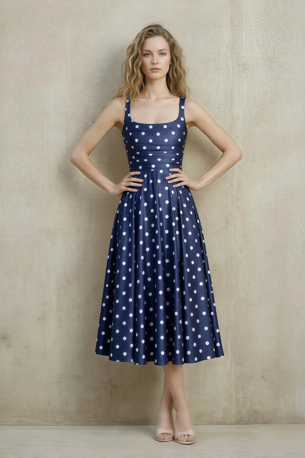 Translation missing: en.Front view of the LVLVS Abby navy polka dot midi dress, showing the square neckline, wide straps, ruched waist and flared skirt. content.product_image_main