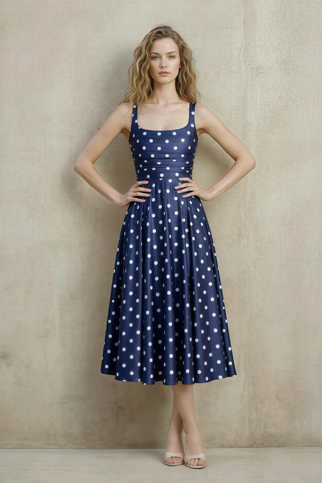 Abby Navy Polka Dot Square Neck Ruched Midi Dress
