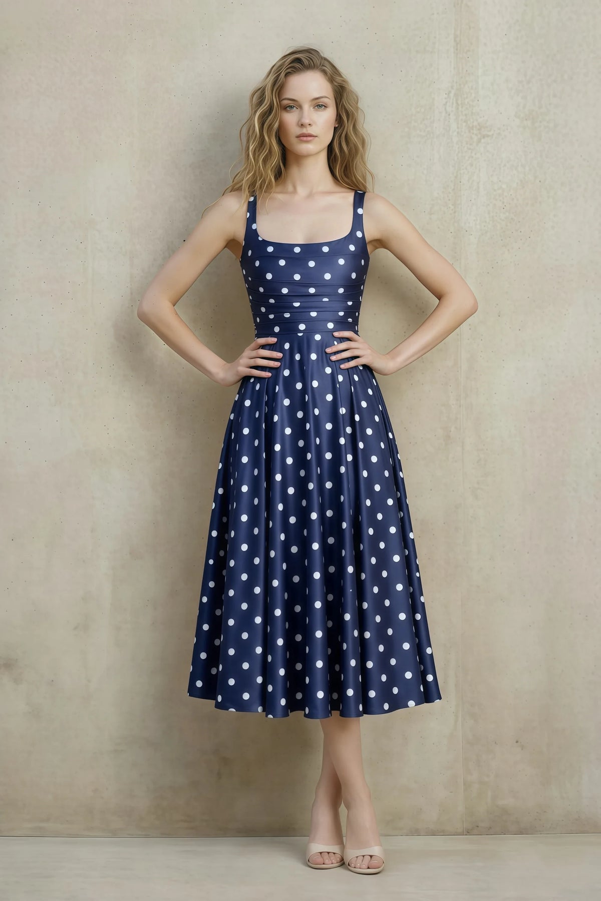 Abby Navy Polka Dot Square Neck Ruched Midi Dress Main image