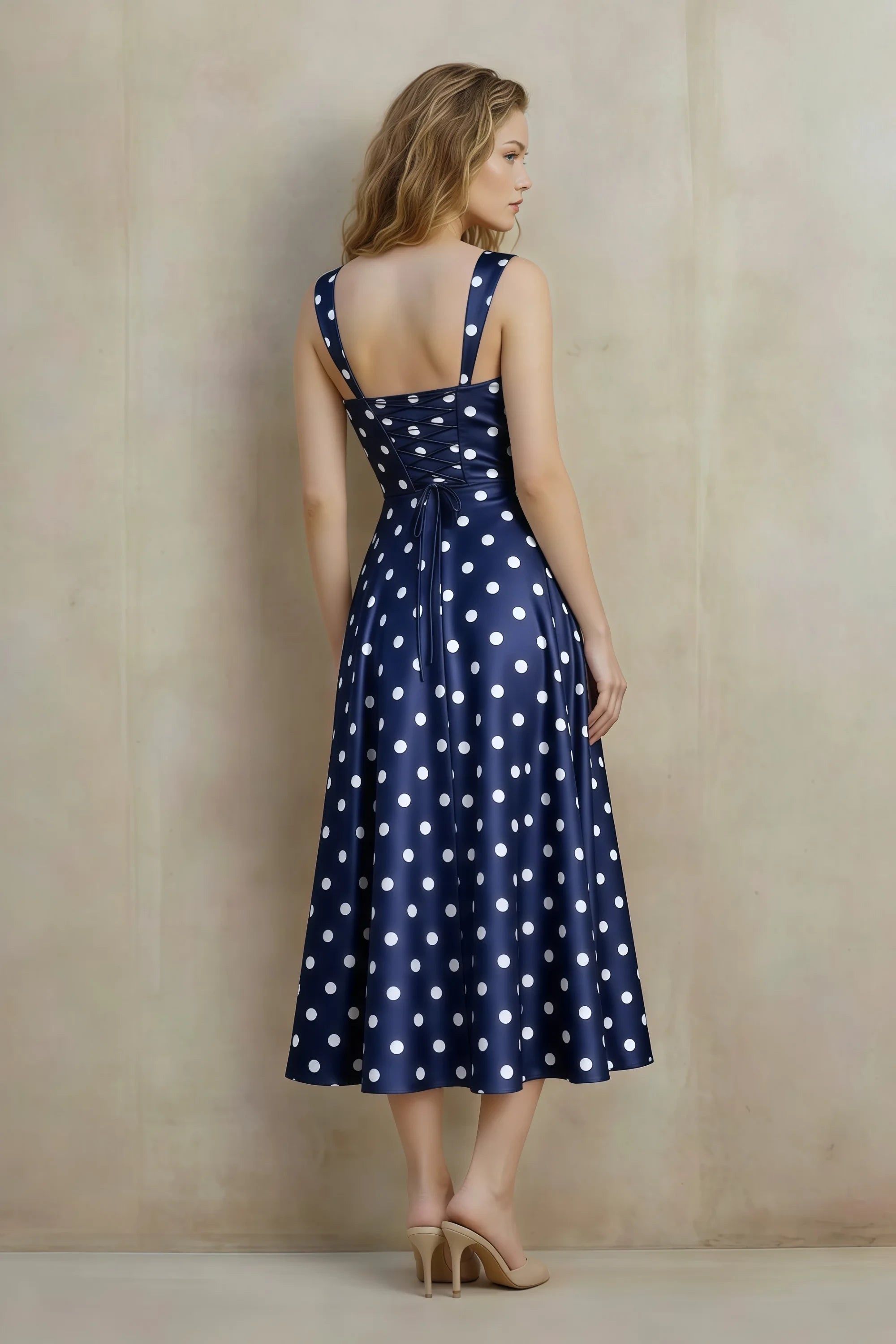Abby Navy Polka Dot Square Neck Ruched Midi Dress Secondary image