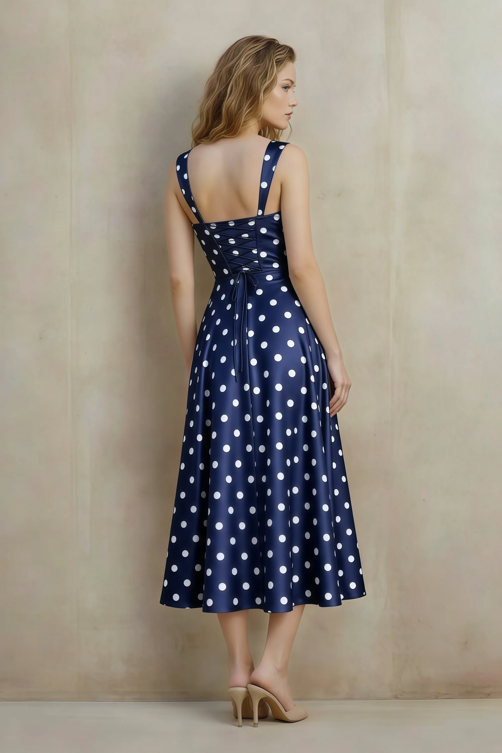 Abby Navy Polka Dot Square Neck Ruched Midi Dress
