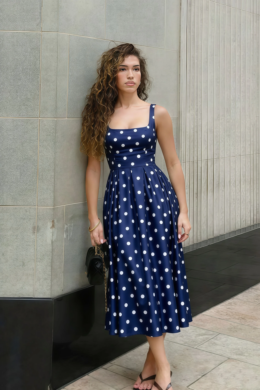 Abby Navy Polka Dot Square Neck Ruched Midi Dress