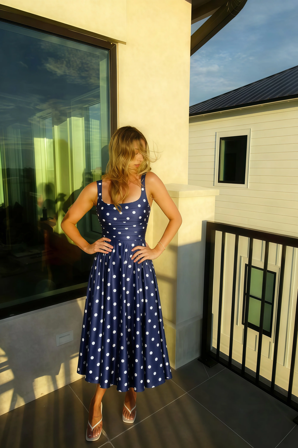 Abby Navy Polka Dot Square Neck Ruched Midi Dress