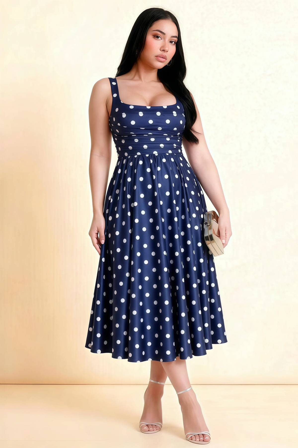 Abby Navy Polka Dot Square Neck Ruched Midi Dress
