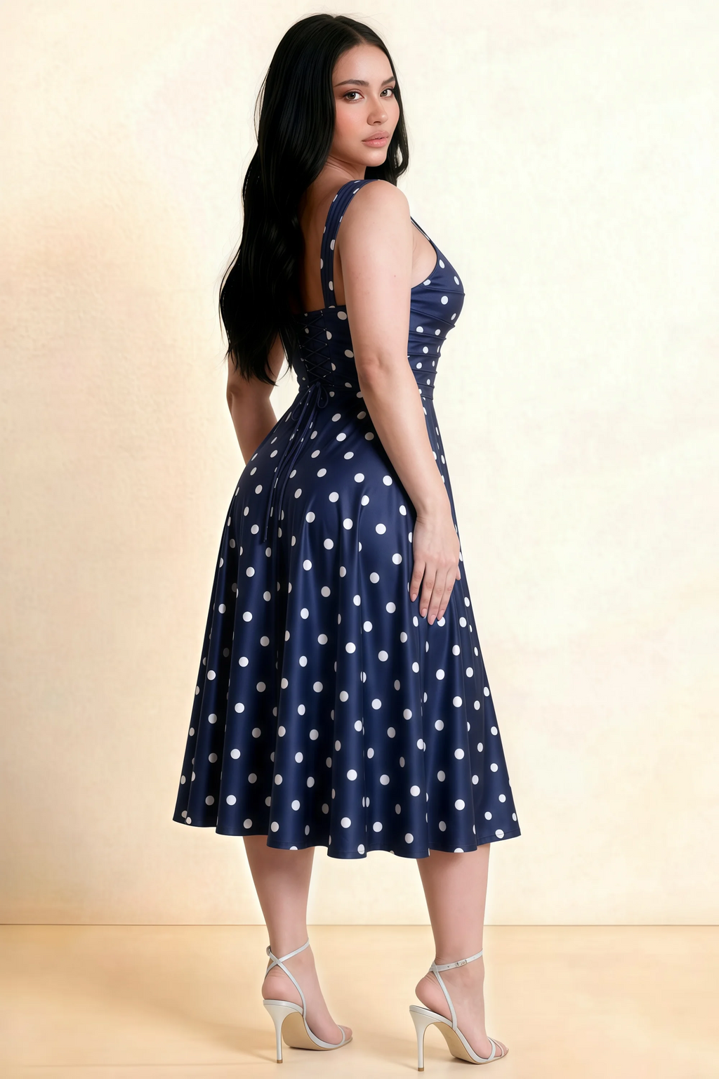 Abby Navy Polka Dot Square Neck Ruched Midi Dress