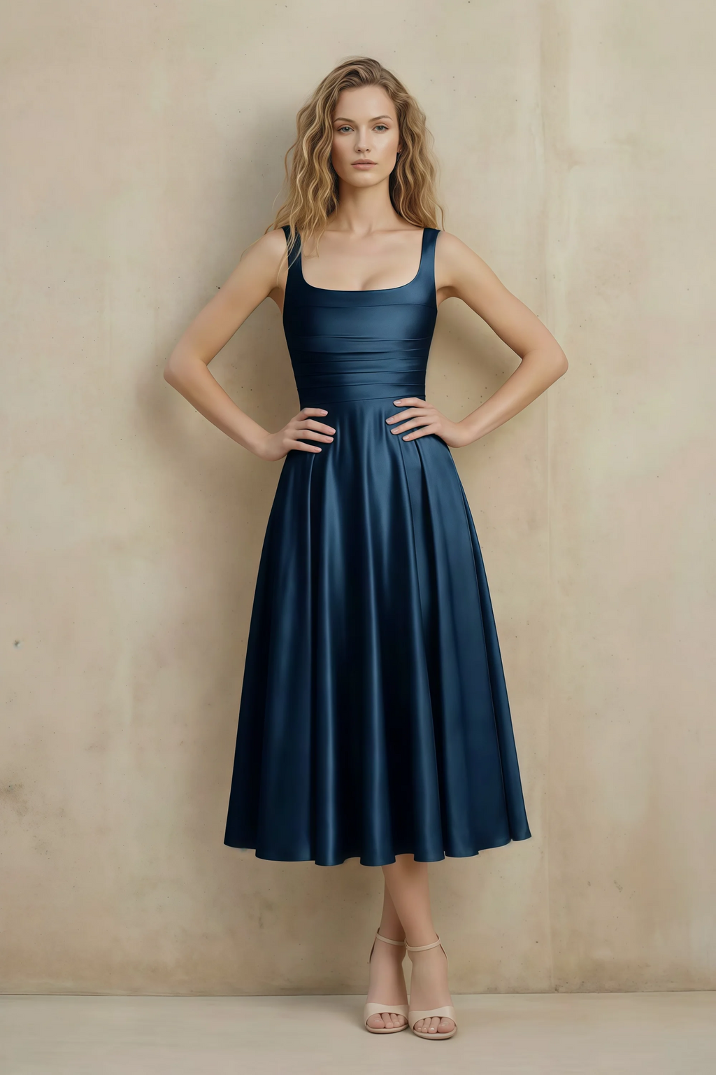 Abby Navy Satin Square Neck Ruched Midi Dress