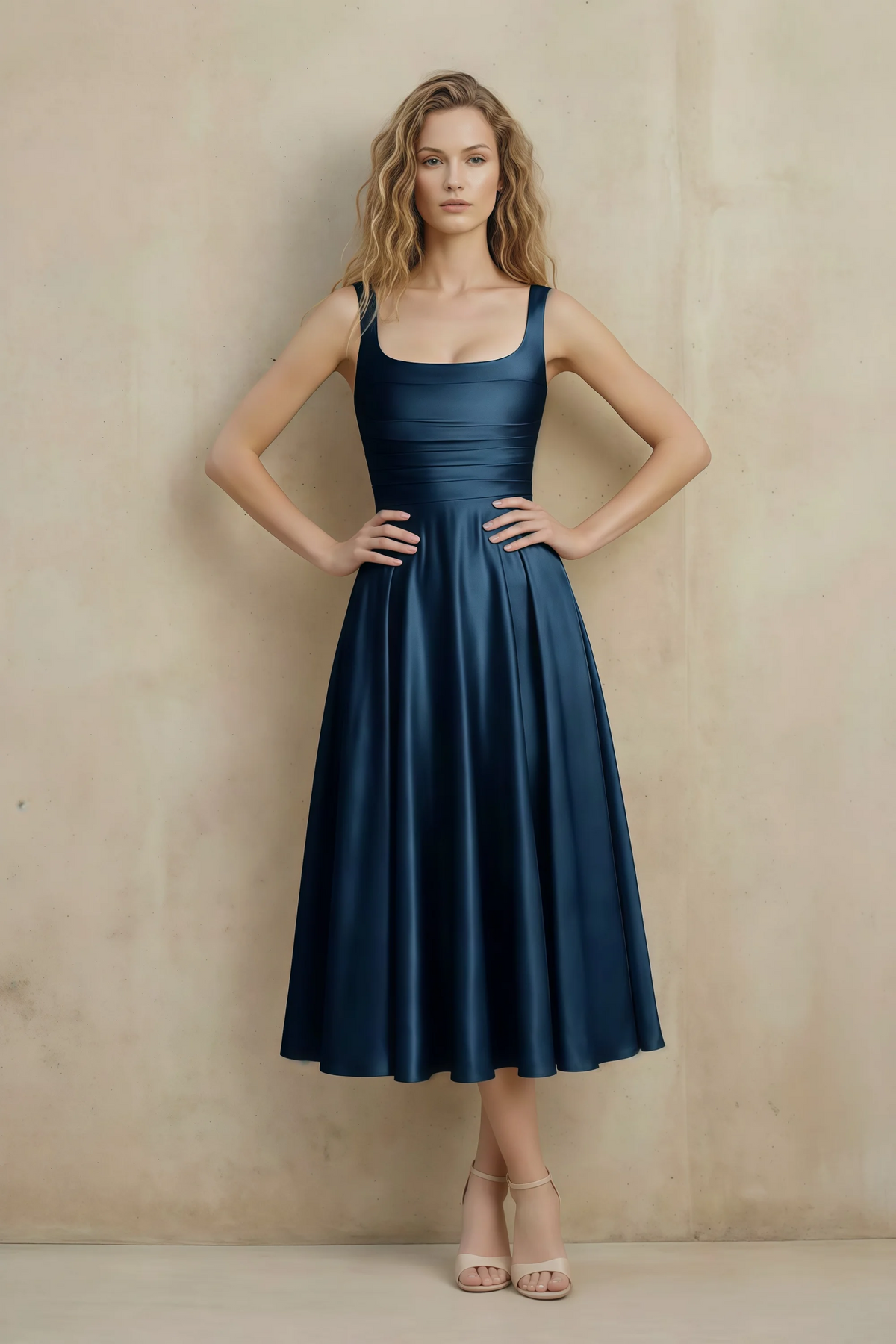 Abby Navy Satin Square Neck Ruched Midi Dress Main image