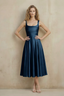 Abby Navy Satin Square Neck Ruched Midi Dress