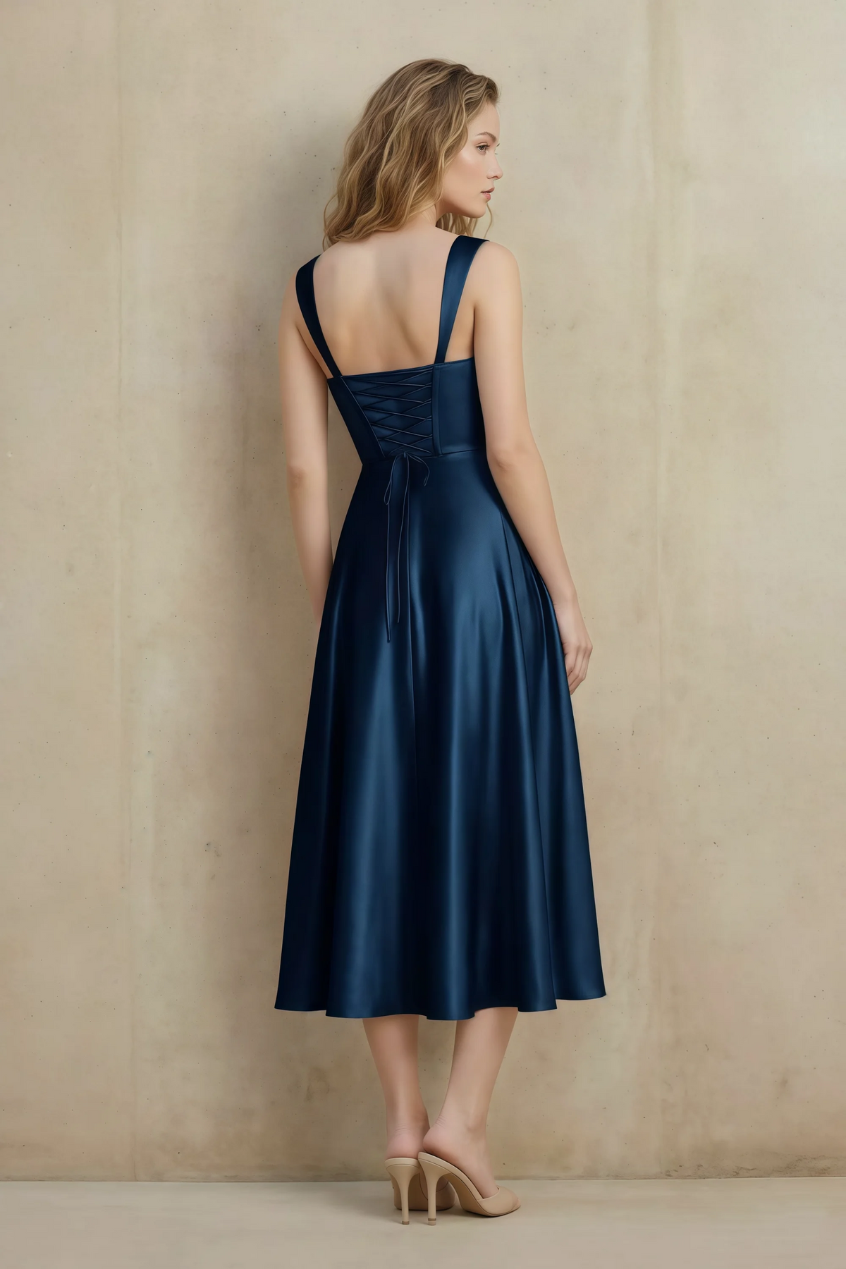 Abby Navy Satin Square Neck Ruched Midi Dress