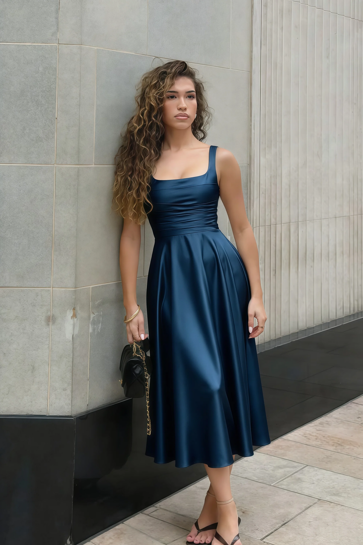 Abby Navy Satin Square Neck Ruched Midi Dress