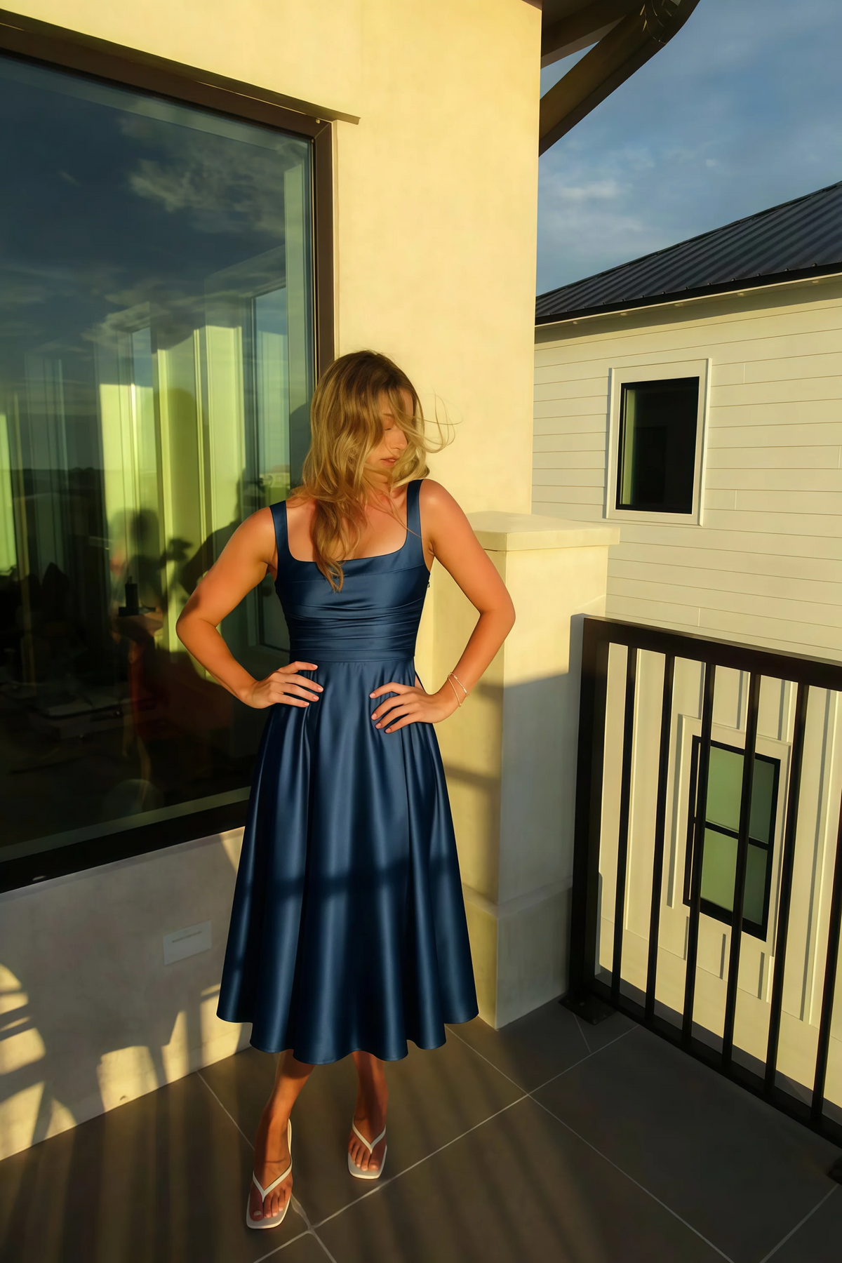 Abby Navy Satin Square Neck Ruched Midi Dress
