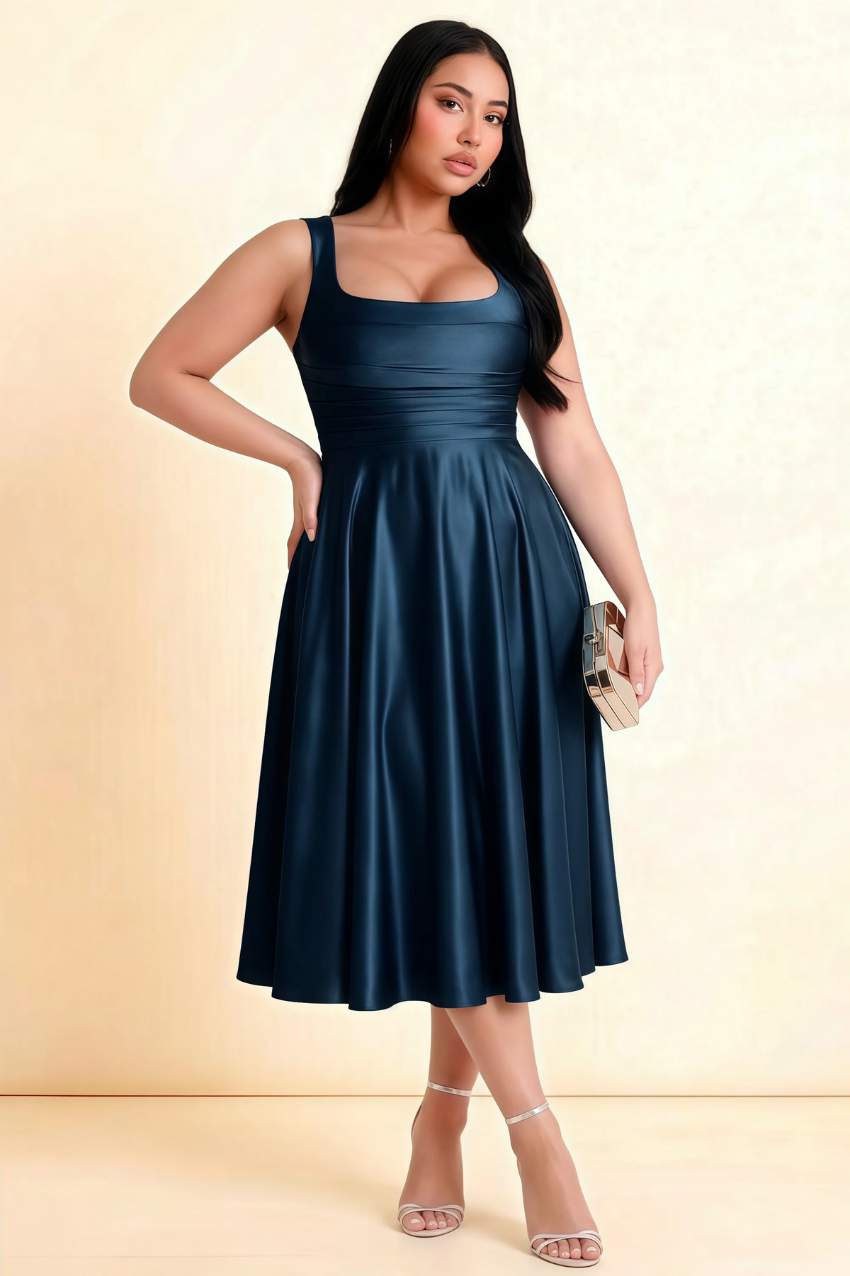Abby Navy Satin Square Neck Ruched Midi Dress