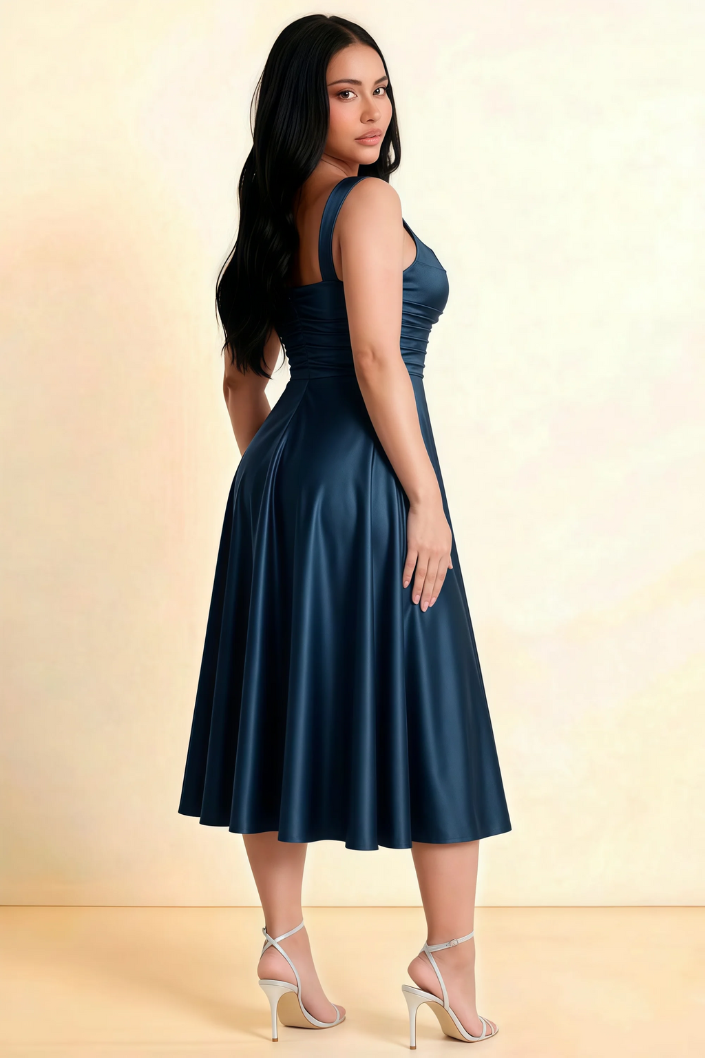 Abby Navy Satin Square Neck Ruched Midi Dress